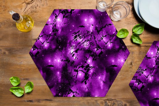 Placemats hexagon - Onderleggers placemats - Placemat zeshoek - Sterrenhemel - Marmer print - Paars - Zwart - Patronen - 6 stuks