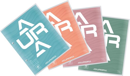 Aurora cursusblokken in vier kleuren: aqua, oranje, roze, groen, met wit logo, 150 bladzijden, 70g