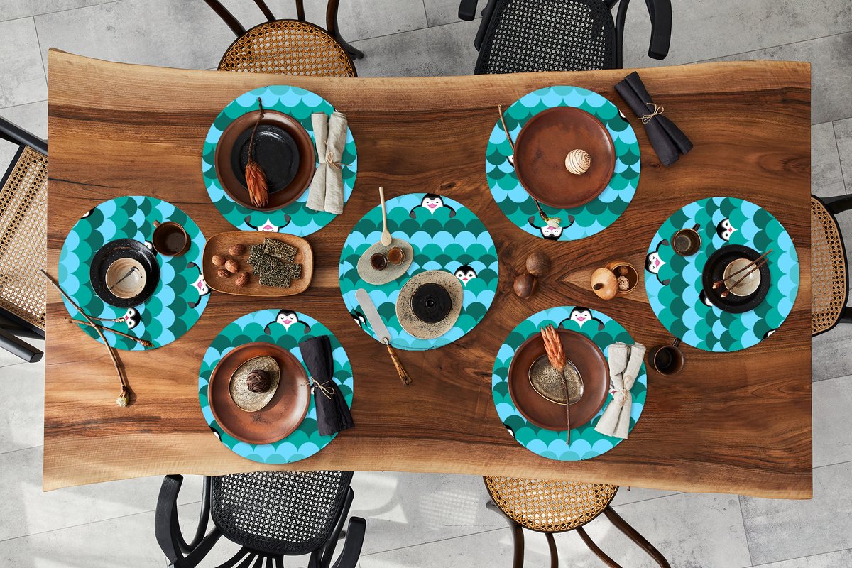 Ronde placemats - Onderlegger - Placemats rond - Cirkel - Pinguïn - Design - 8 stuks