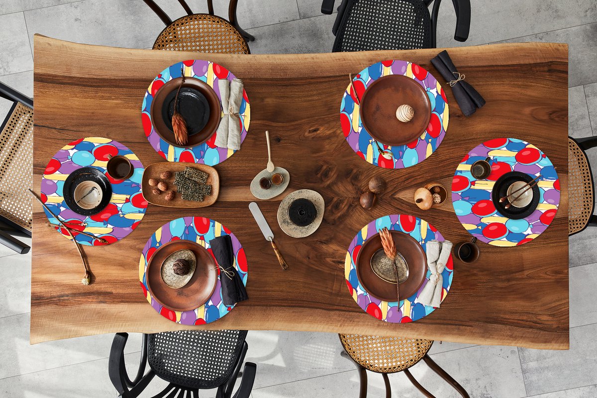 Ronde placemats - Onderlegger - Placemats rond - Ballonnen - Patronen - Feest - 6 stuks