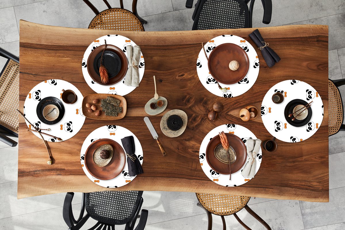 Ronde placemats - Onderlegger - Placemats rond - Panda - Zwart - Wit - Patroon - 6 stuks