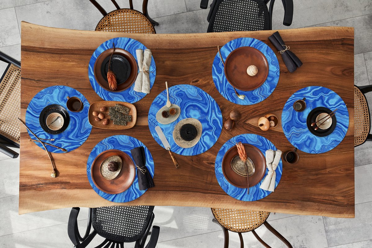 Ronde placemats - Onderlegger - Placemats rond - Marmer print - Blauw - Patroon - 10 stuks
