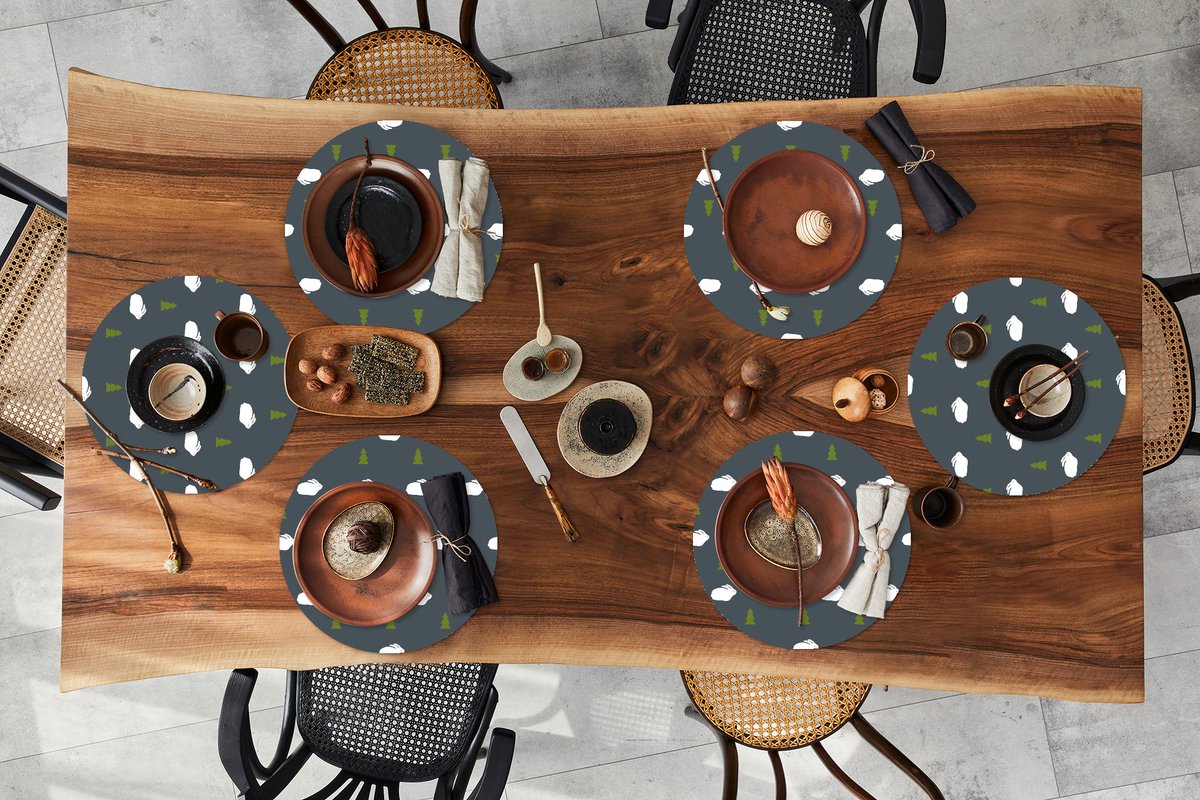 Ronde placemats - Onderlegger - Placemats rond - Bomen - Konijn - Patroon - 6 stuks