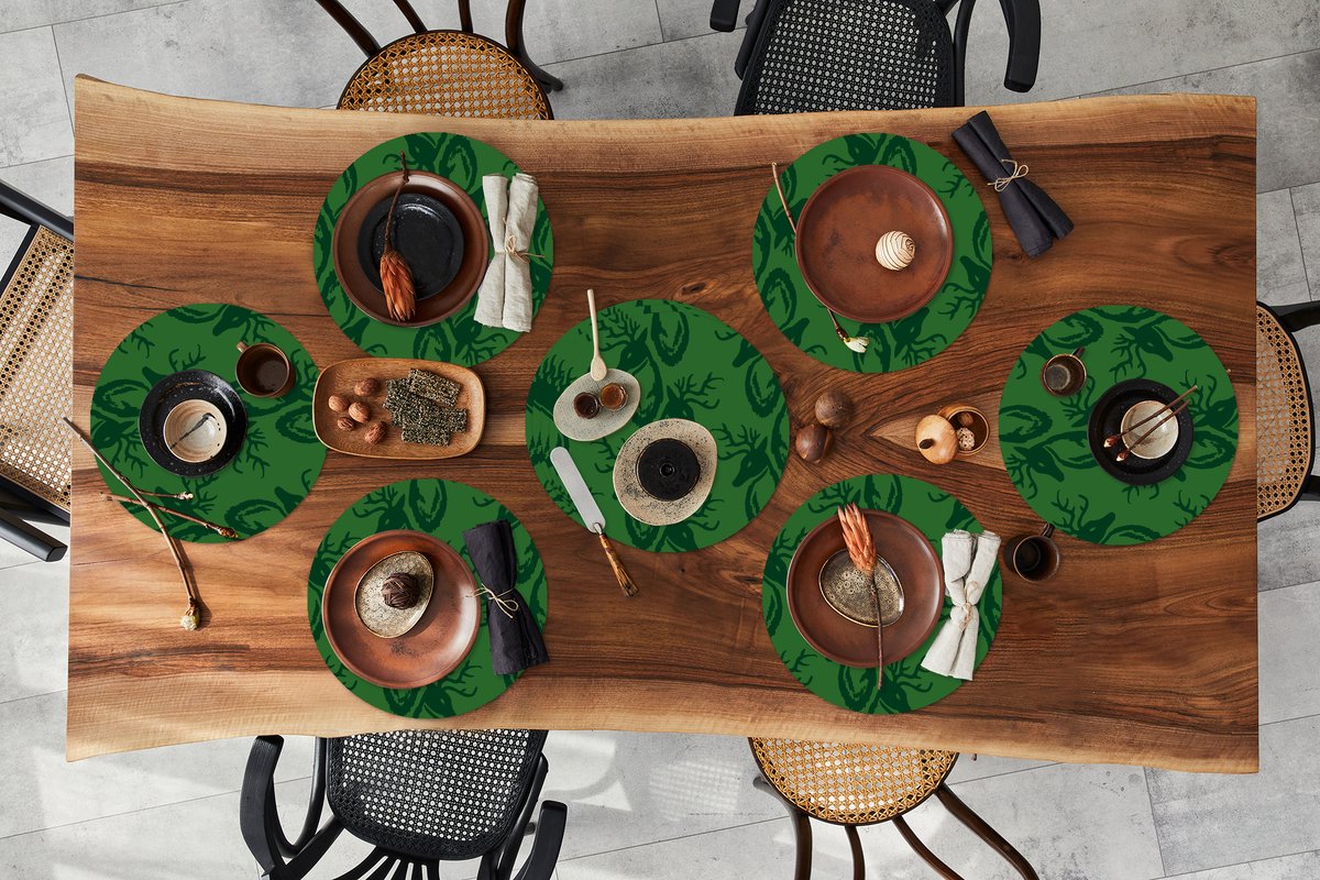 Ronde placemats - Onderlegger - Placemats rond - Patronen - Groen - Hert - 10 stuks