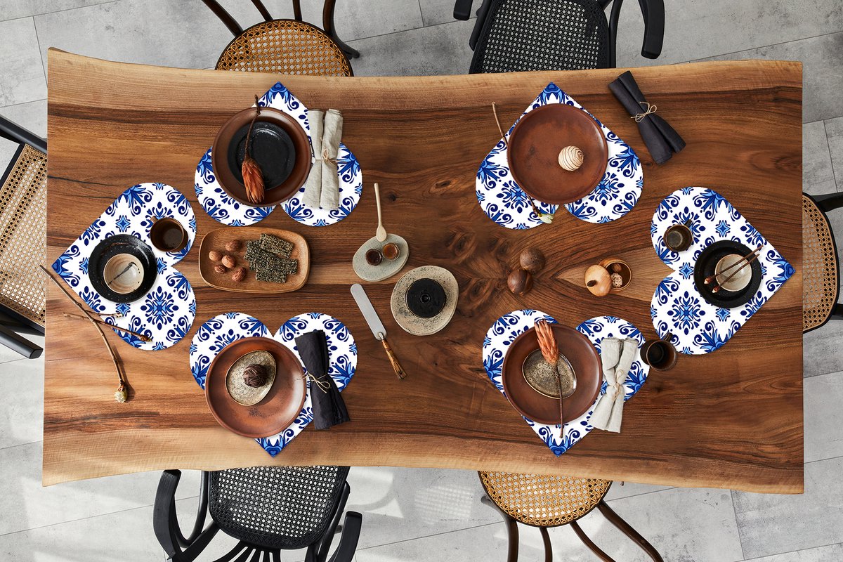 Onderleggers - Placemats - Placemats hartje - Tegel - Bloem - Blauw - Patroon - 6 stuks