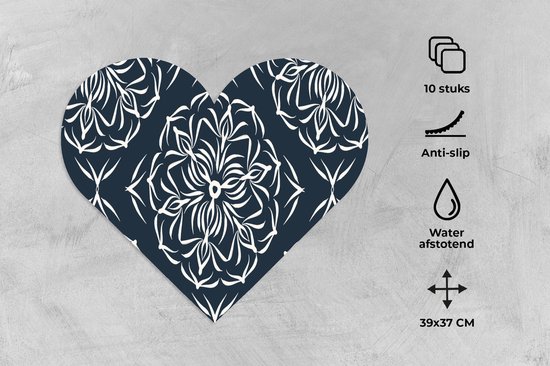 Sous-verres - Napperons - Napperons coeur - Motif - Bloem - Bleu foncé - 10 pièces