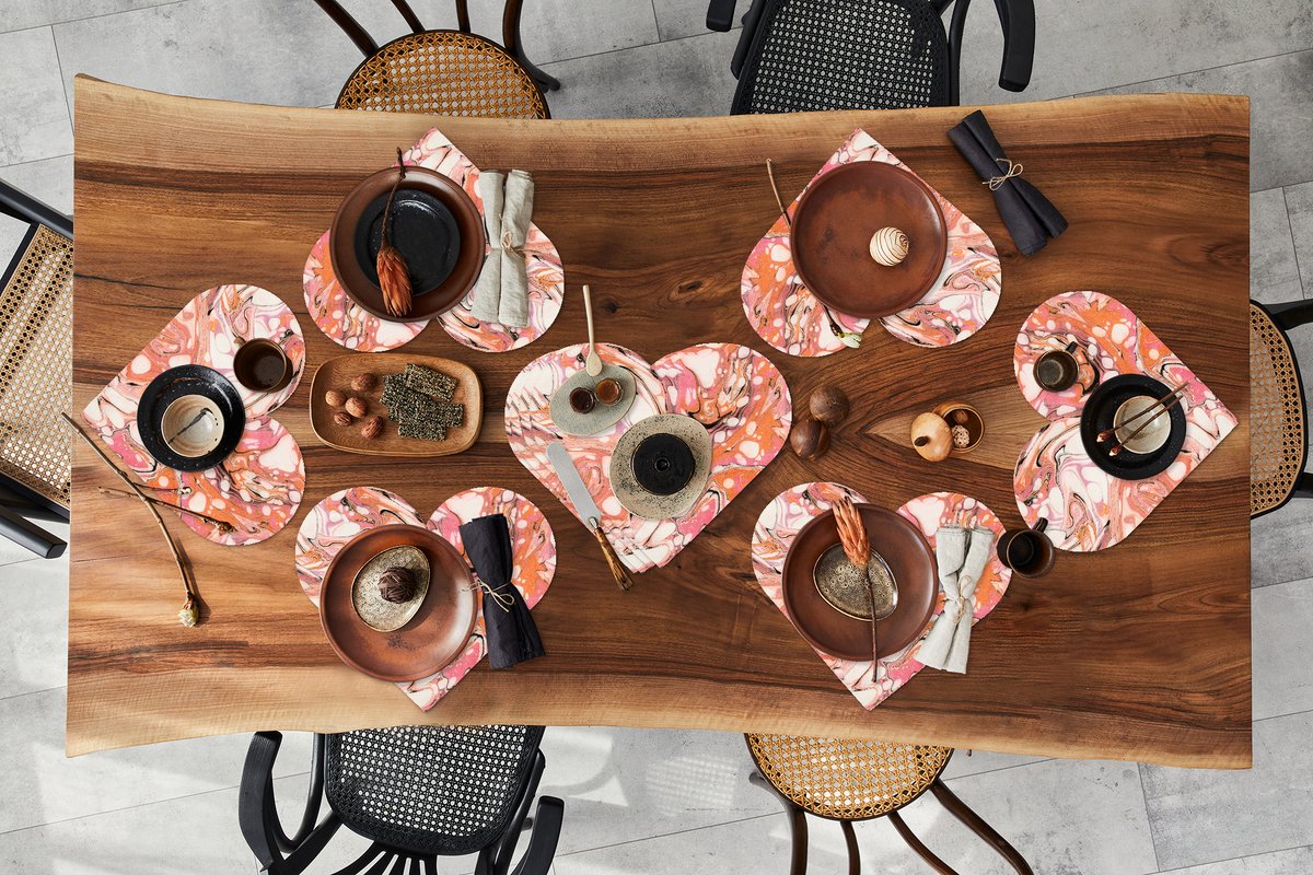 Onderleggers - Placemats - Placemats hartje - Marmer print - Oranje - Wit - 10 stuks