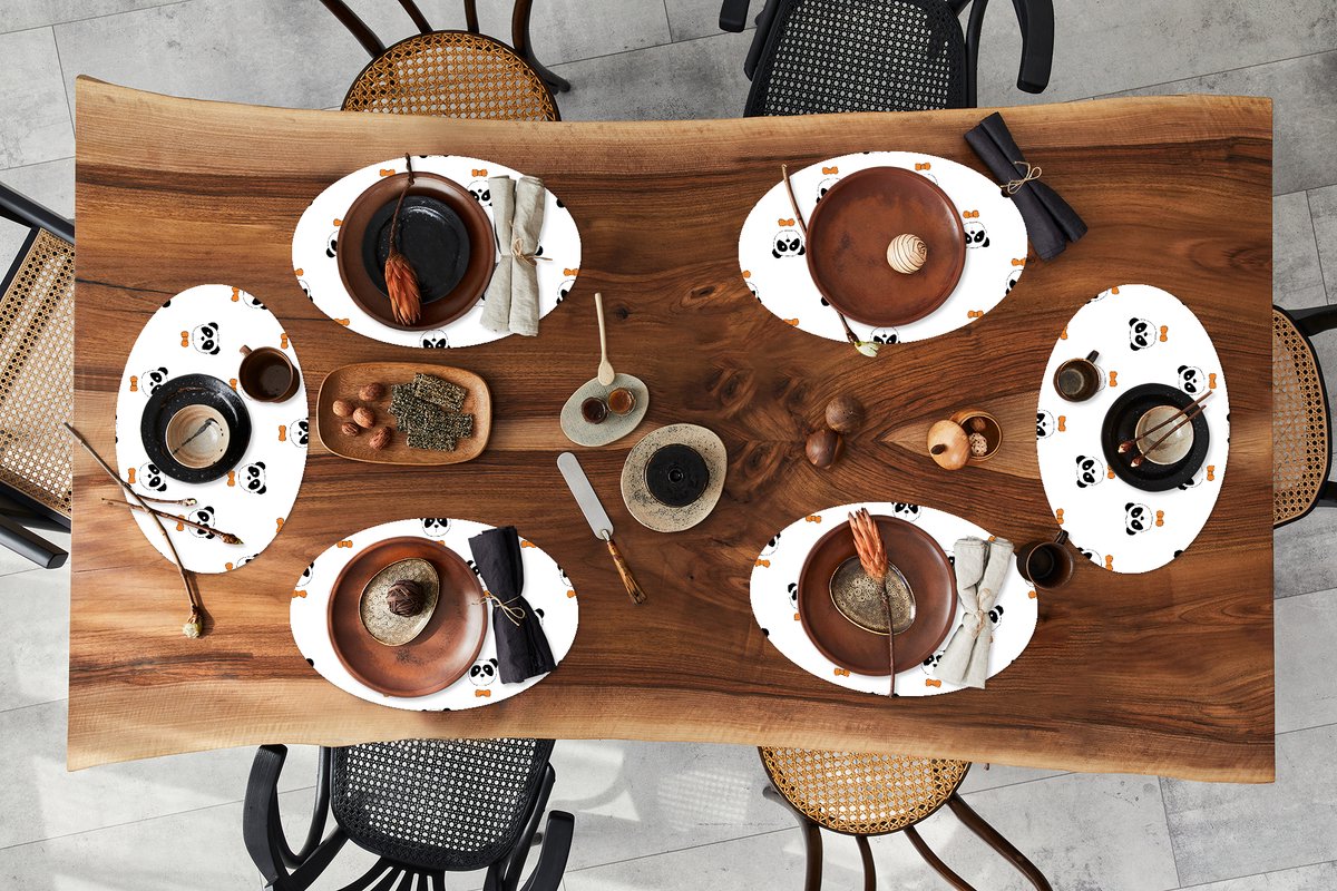 Placemats ovaal - Onderleggers - Ovale placemats - Panda - Zwart - Wit - Patroon - 6 stuks