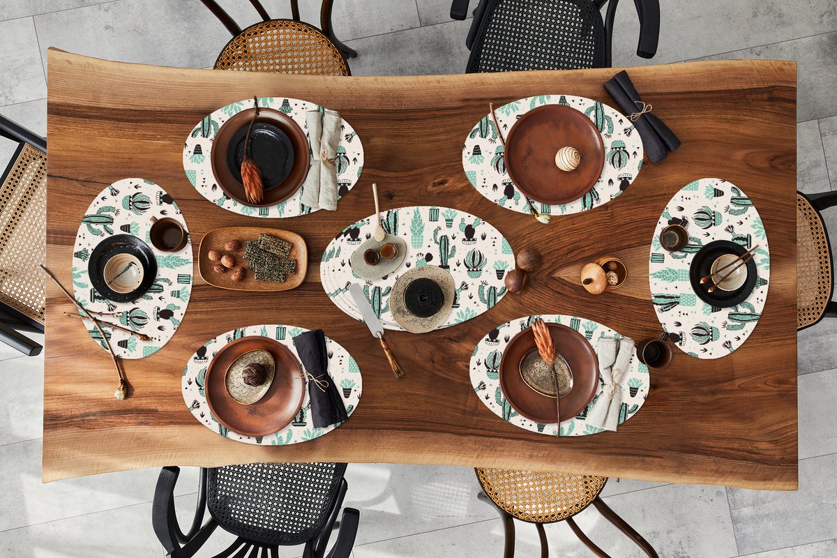 Placemats ovaal - Onderleggers - Ovale placemats - Patroon - Cactus - Pot - 10 stuks
