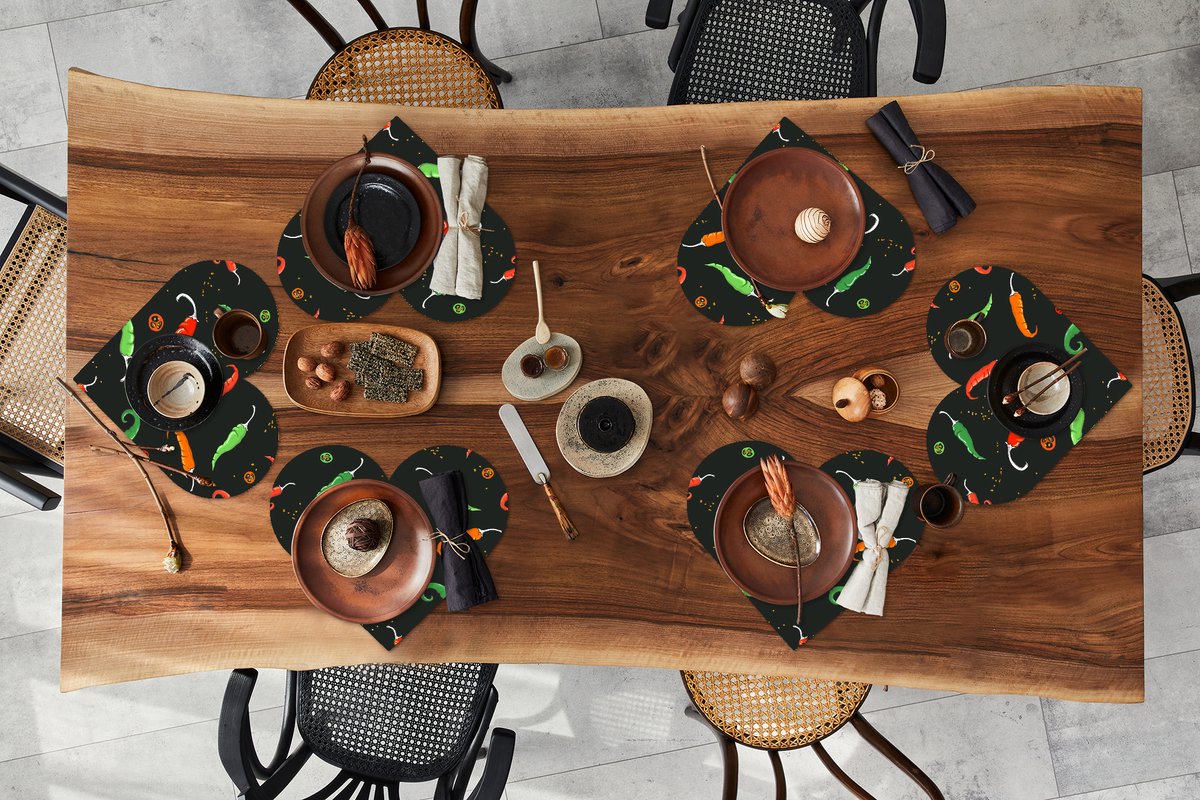 Onderleggers - Placemats - Placemats hartje - Peper - Patronen - Zaden - 6 stuks