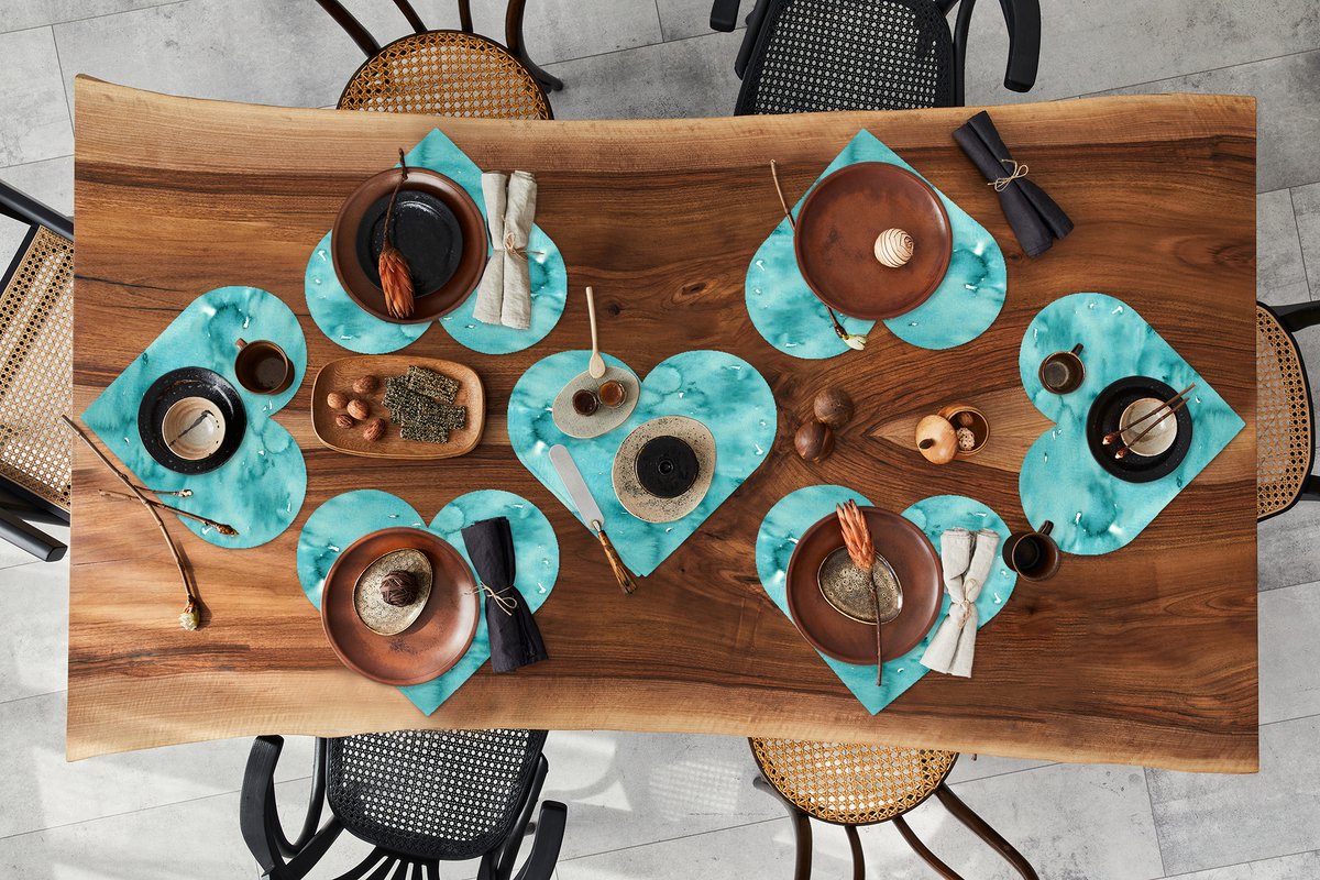Onderleggers - Placemats - Placemats hartje - Patroon - Turquoise - Waterverf - 8 stuks