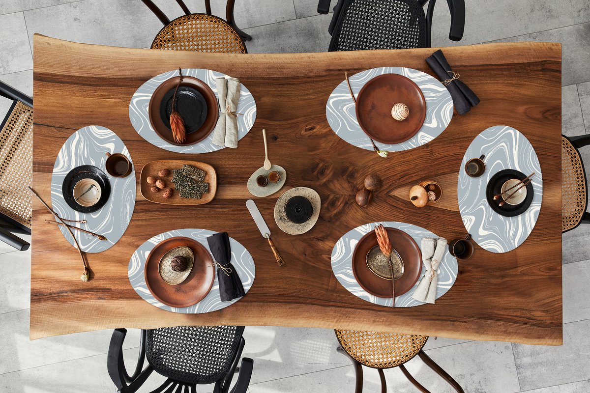Placemats ovaal - Onderleggers - Ovale placemats - Marmer print - Grijs - Geel - 6 stuks