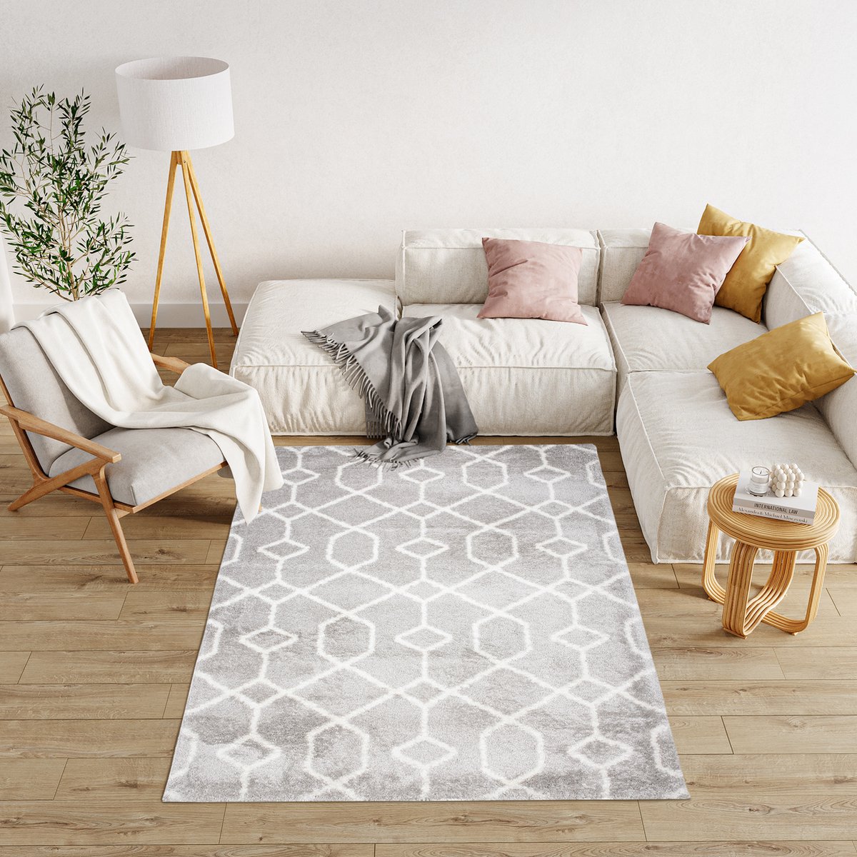 Tapiso Modena Vloerkleed Hoogpolig Fluffy Modern Shaggy Tapijt Lichtgrijs Wit