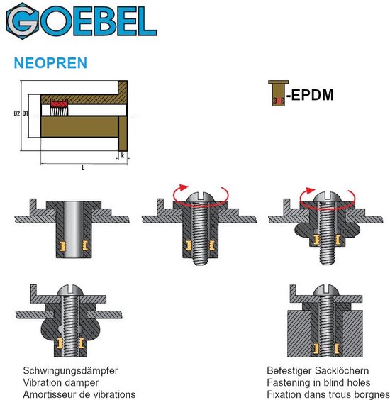 GOEBEL® - 100 x Ecrous à sertir EPDM M 8 - EPDM / Messing - Tête plate Queue ronde - Queue ouverte - NEOPREN - 7660066080 - Ecrous à sertir - Ecrous à sertir - Ecrous aveugles