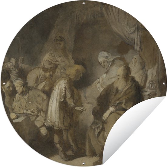 Tuincirkel Jozef vertelt zijn dromen aan zijn ouders - Schilderij van Rembrandt van Rijn - 90x90 cm - Ronde Tuinposter - Buiten