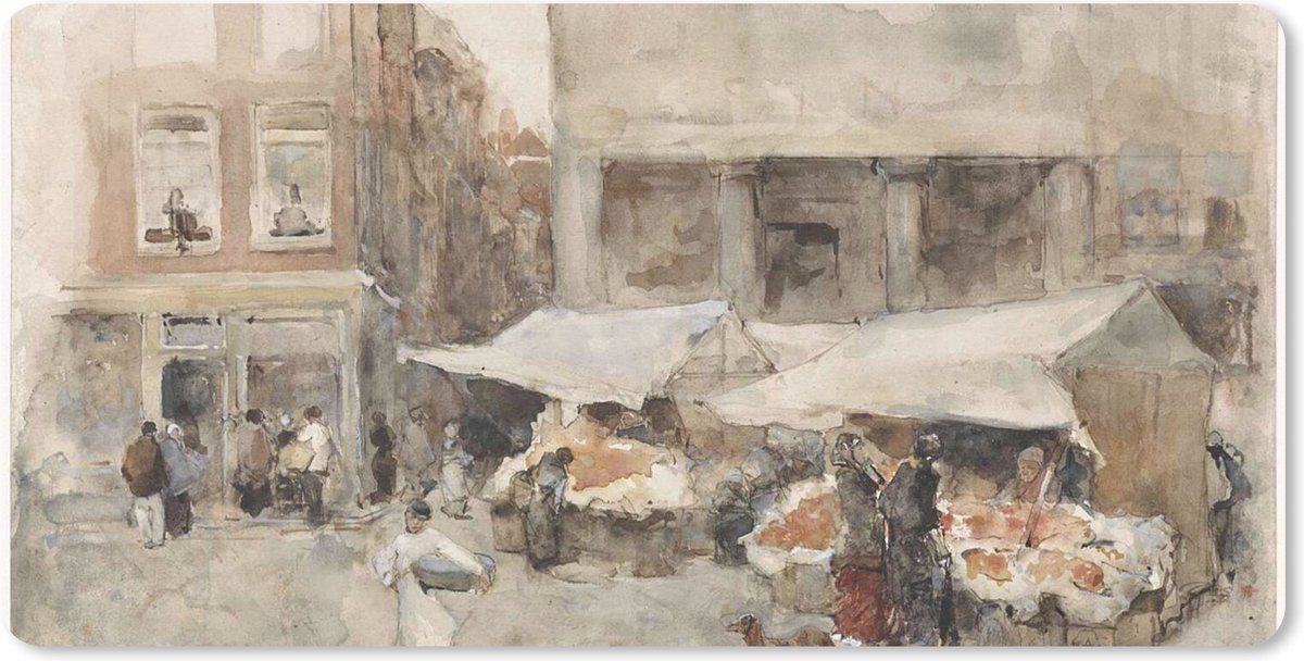 Muismat XXL 100x50 cm - Bureau onderlegger - Bureau mat Markt met bloemenstalletjes - Schilderij van George Hendrik Breitner - Bureaumat - Gaming mousepad xl - Bureaulegger groot - Computer deskmat