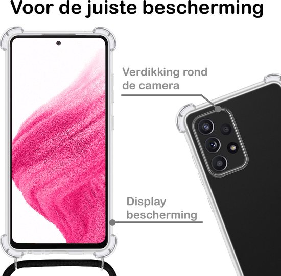 Coque de téléphone transparente avec renfort autour de l'appareil photo et de l'écran, à côté d'un fond rose vif.