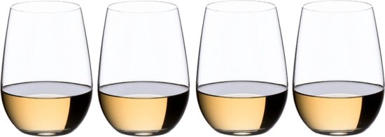 Vier Riedel O Wine Tumblers, elk gevuld met witte wijn.