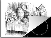 KitchenYeah® Inductie beschermer 71x52 cm - Vintage illustratie theekransje van de gekke hoedenmaker - zwart wit - Kookplaataccessoires - Afdekplaat voor kookplaat - Inductiebeschermer - Inductiemat - Inductieplaat mat
