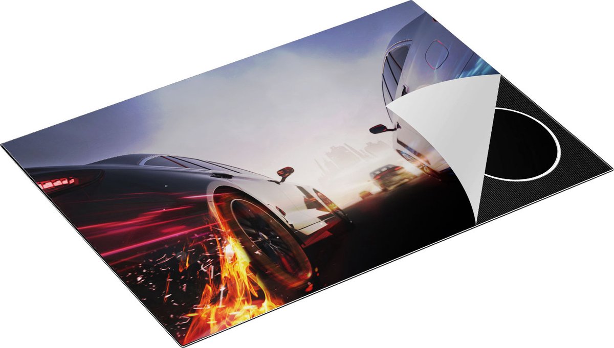 Chefcare Inductie Beschermer Twee Raceauto's - Blauw Tegen Rood - 75x52 cm - Afdekplaat Inductie - Kookplaat Beschermer - Inductie Mat