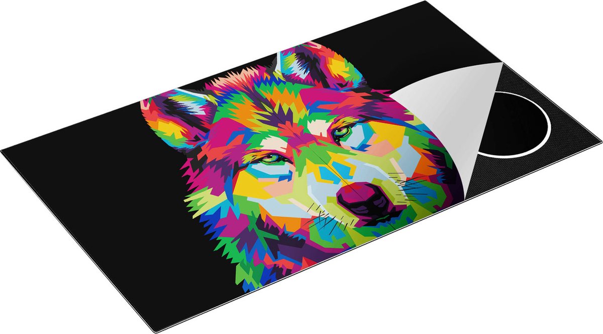 Chefcare Inductie Beschermer Gekleurde Wolvenkop - Wolf - Abstract - 91,6x52,7 cm - Afdekplaat Inductie - Kookplaat Beschermer - Inductie Mat