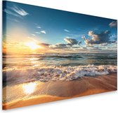 Schilderij - Zonsondergang op het strand II, zicht op de Noordzee, premium print in 2 maten, wanddecoratie, snel in huis