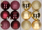 12x stuks kunststof kerstballen mix van aubergine en goud 8 cm - Kerstversiering