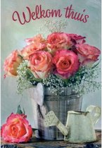 Welkom thuis! Een mooie kaart met een vaas vol fleurige rozen in een bijzondere kleur! Een leuke kaart om zo te geven of om bij een cadeau te voegen voor de persoon die thuis komt. Een dubbele wenskaart inclusief envelop en in folie verpakt.