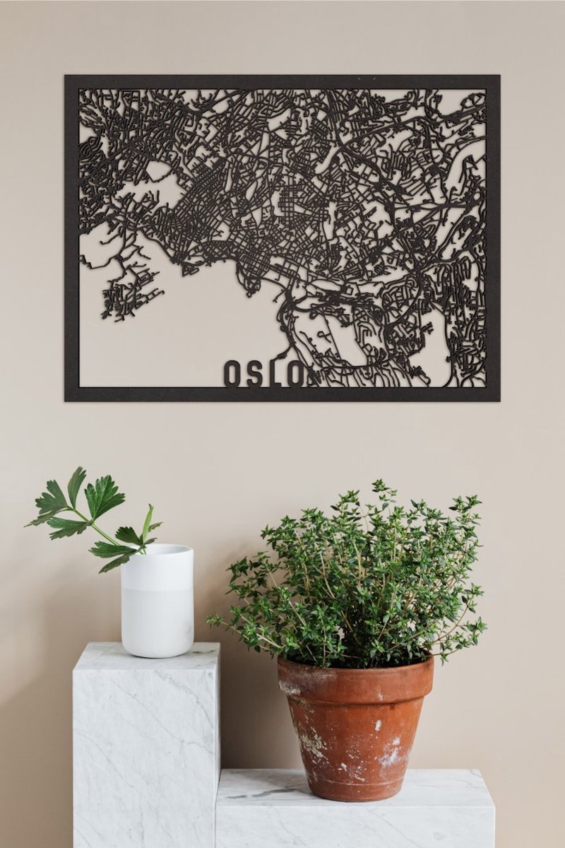 Houten Stadskaart Oslo Zwart Mdf 100x75cm Wanddecoratie Voor Aan De Muur City Shapes