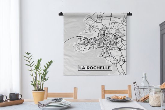 Wandkleed - Wanddoek - Frankrijk - Kaart - Plattegrond - La Rochelle - Stadskaart - Zwart wit - 90x90 cm - Wandtapijt