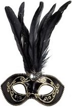 Venetiaans glitter oogmasker zwart met veren
