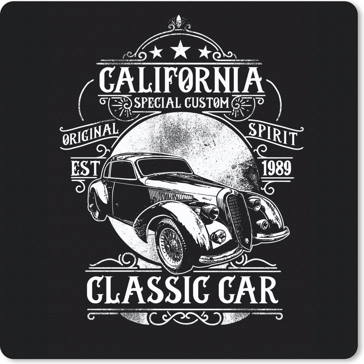 Muismat 20x20 cm - Mousepad Mancave - Auto - Vintage - Zwart - Wit - Muismatten