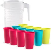 Carafe à Water/limonade/jus 2 litres avec 12 x morceaux de verres colorés en plastique de 360 ML avantage set
