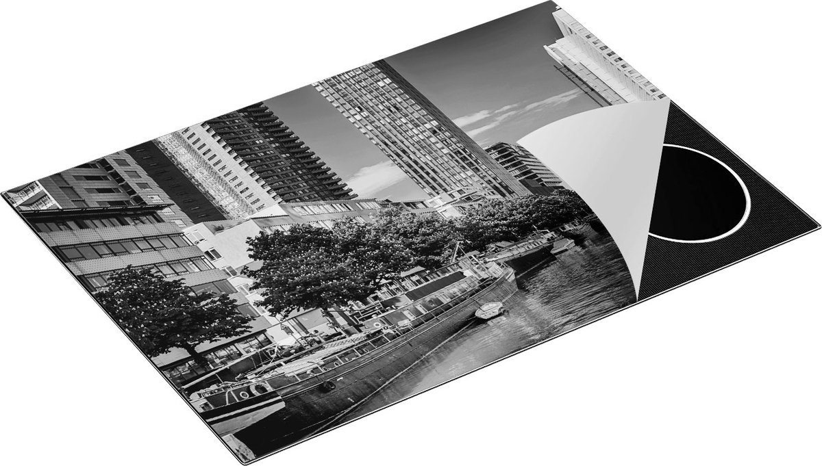 Chefcare Inductie Beschermer Rotterdamse Gracht met Boten - Zwart Wit - 75x50 cm - Afdekplaat Inductie - Kookplaat Beschermer - Inductie Mat