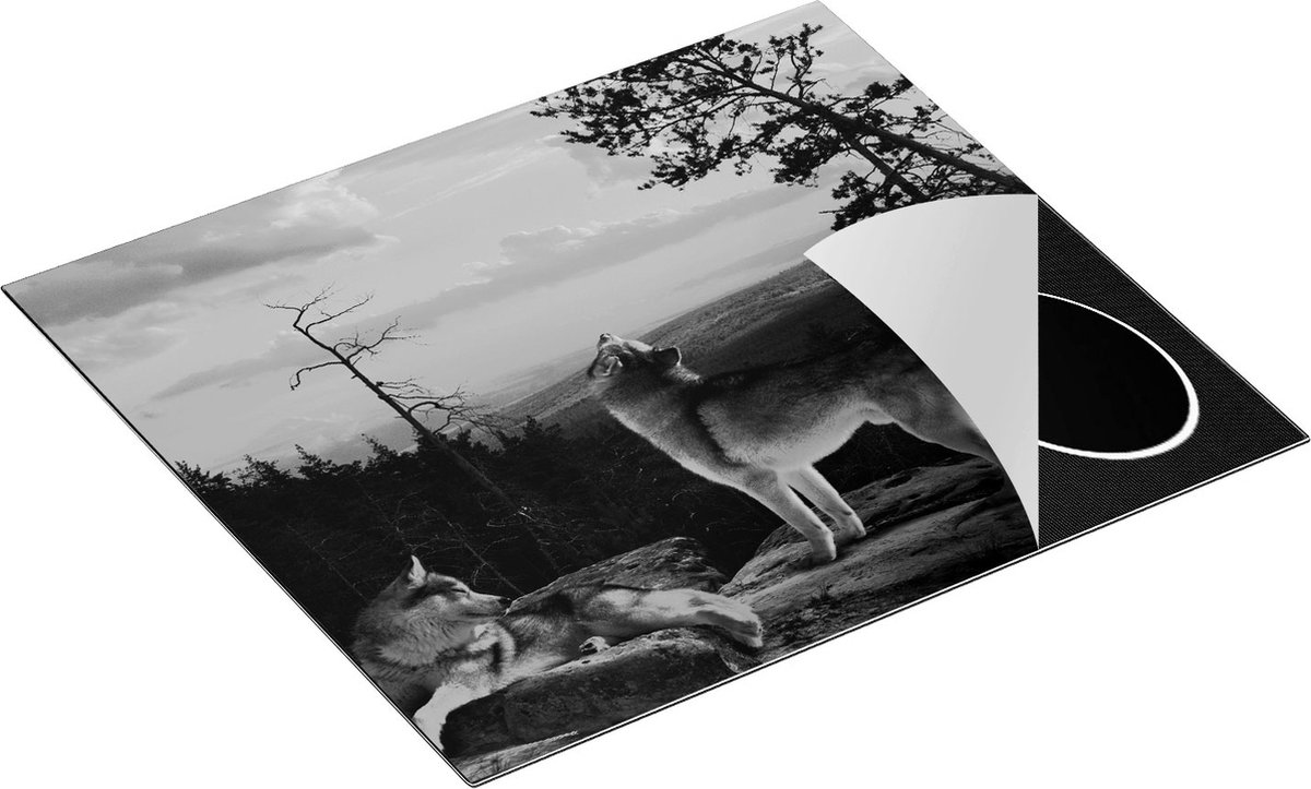 Chefcare Inductie Beschermer Drie Wolven op een Rots in het Bos - Zwart Wit - 58,3x51,3 cm - Afdekplaat Inductie - Kookplaat Beschermer - Inductie Mat