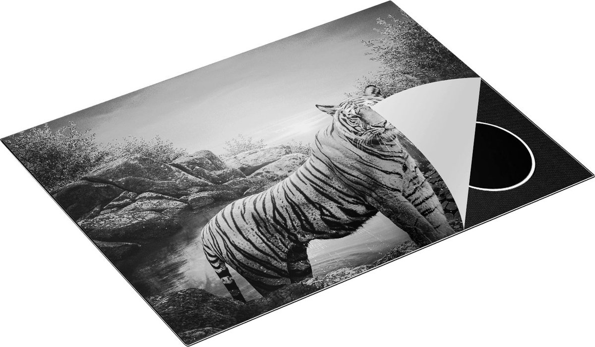 Chefcare Inductie Beschermer Luipaard in een Vijver bij Zonsondergang - Zwart Wit - 71x52 cm - Afdekplaat Inductie - Kookplaat Beschermer - Inductie Mat