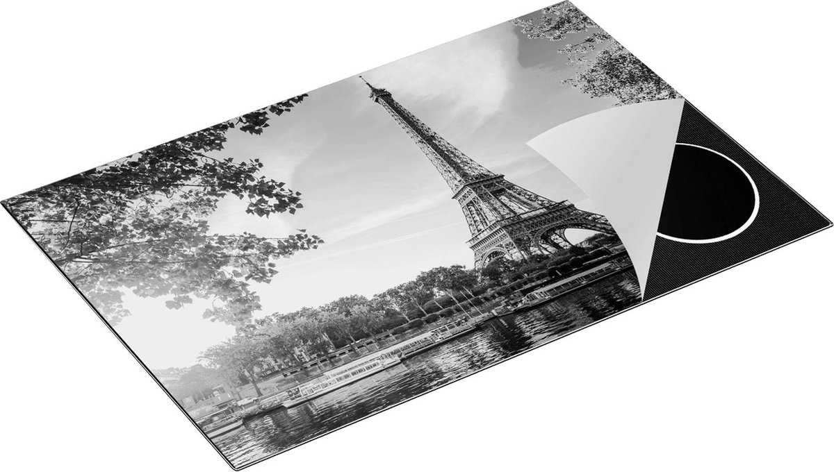 Chefcare Inductie Beschermer Eiffeltoren in Parijs aan het Water - Zwart Wit - 78x52 cm - Afdekplaat Inductie - Kookplaat Beschermer - Inductie Mat