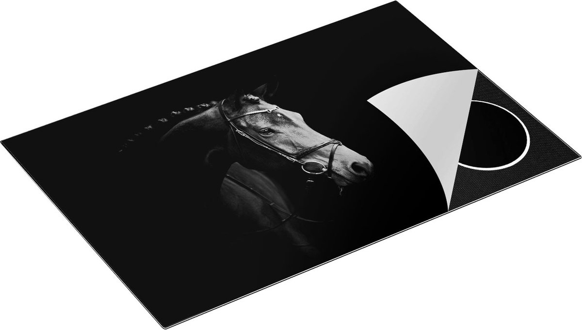 Chefcare Inductie Beschermer Bruin Paard op een Zwart Achtergrond - Zwart Wit - 80x50 cm - Afdekplaat Inductie - Kookplaat Beschermer - Inductie Mat