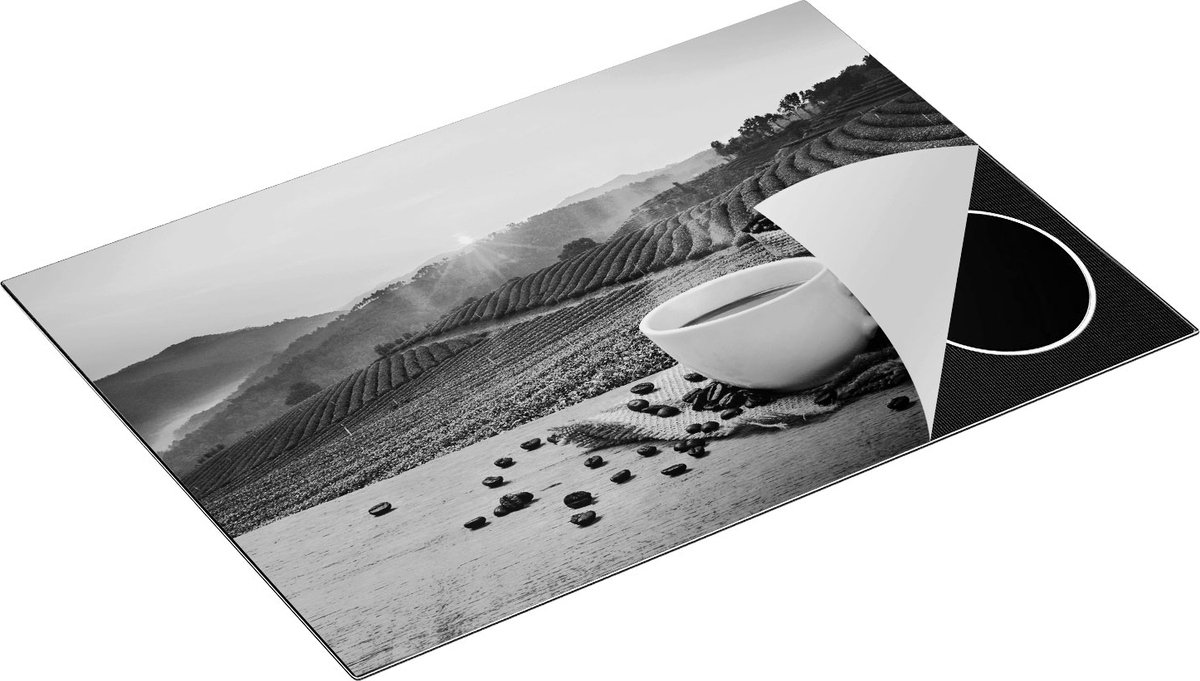 Chefcare Inductie Beschermer Kopje Koffie op een Plantage Achtergrond6 - Zwart Wit - 75x50 cm - Afdekplaat Inductie - Kookplaat Beschermer - Inductie Mat