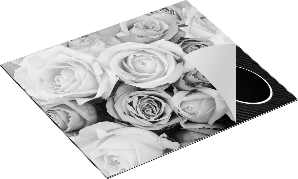 Chefcare Inductie Beschermer Roze Rozen Achtergrond - Bloemen - Zwart Wit - 58,3x51,3 cm - Afdekplaat Inductie - Kookplaat Beschermer - Inductie Mat