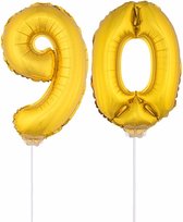 90 jaar leeftijd feestartikelen - versiering cijfers - ballonnen op stokje - van 41 cm - Combi van cijfer 90 - in het goud