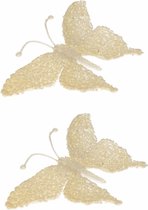 2x Kerst decoratie vlinder creme glitter - Kerstboom vlinder versiering creme met glitters 2 stuks