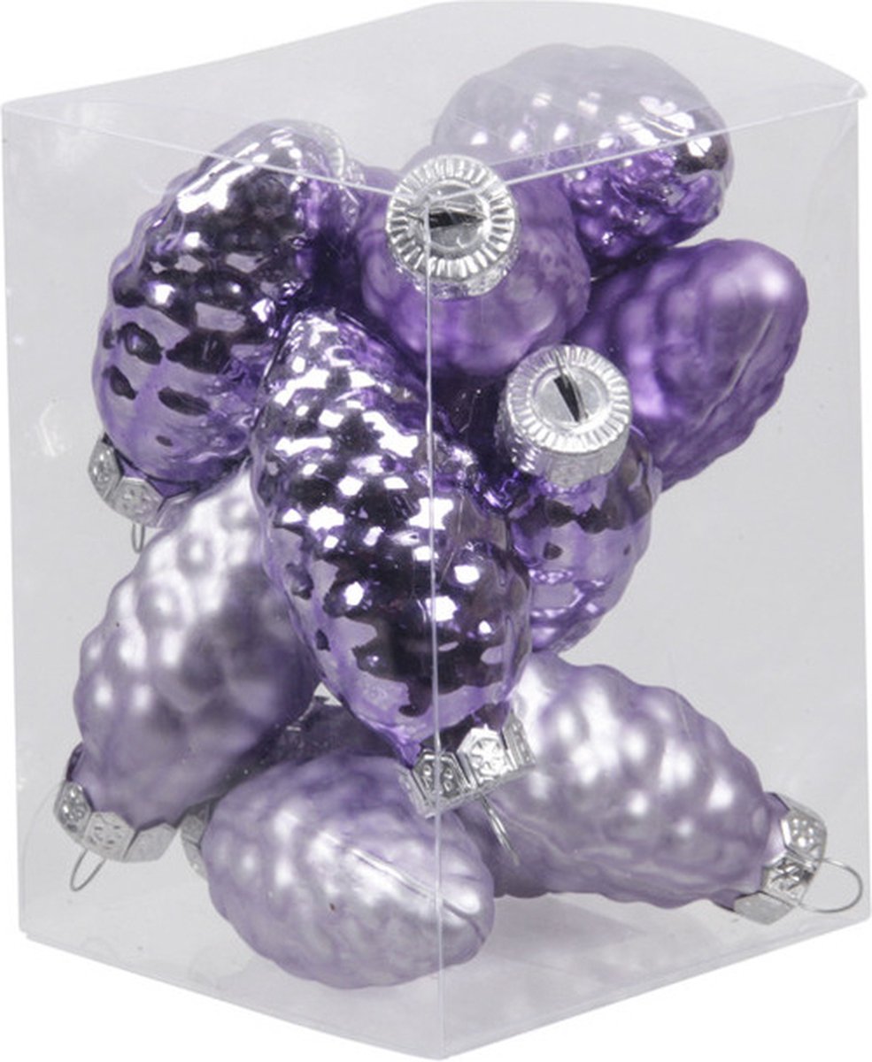 Othmar Decorations 12x Dennenappel kersthangers/kerstballen amethyst paars van glas - 6 cm - mat/glans - Kerstboomversiering