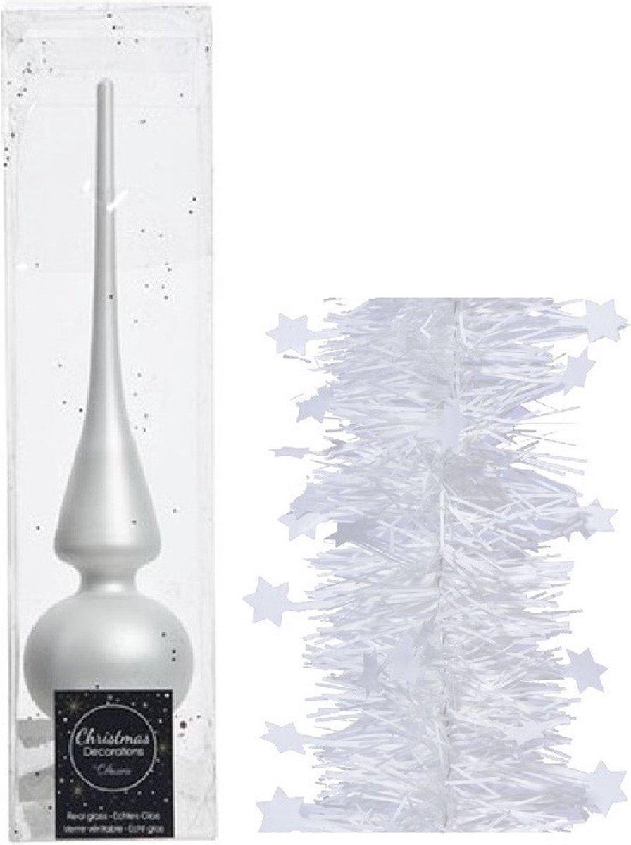 Glazen piek en sterren folieslingers in winter wit, kerstboomversiering pakket.