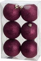 6x Boules de Noël en plastique rose aubergine 8 cm - Glitter - Boules de Noël en plastique incassables - Décorations pour Décorations pour sapins de Noël rose aubergine
