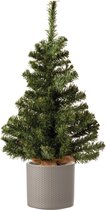 Volle mini kerstboom groen in jute zak 60 cm - Inclusief taupe plantenpot 12,5 x 13,5 cm - Kunstboompjes