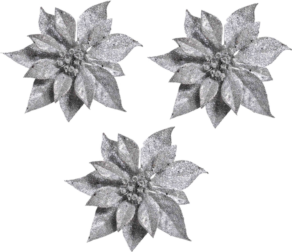 Cosy & Trendy Kerstboomversiering - 6x stuks - bloem - op clip - zilveren kerstster - 18 cm
