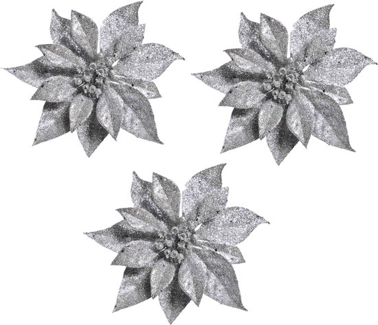 6x stuks Kerstboomversiering bloem op clip zilveren kerstster 18 cm - kerstfiguren - zilveren kerstversieringen