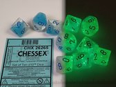 Chessex Gemini Parel Turquoise-Wit/Blauw Lichtgevende Dobbelsteenset (10 stuks)