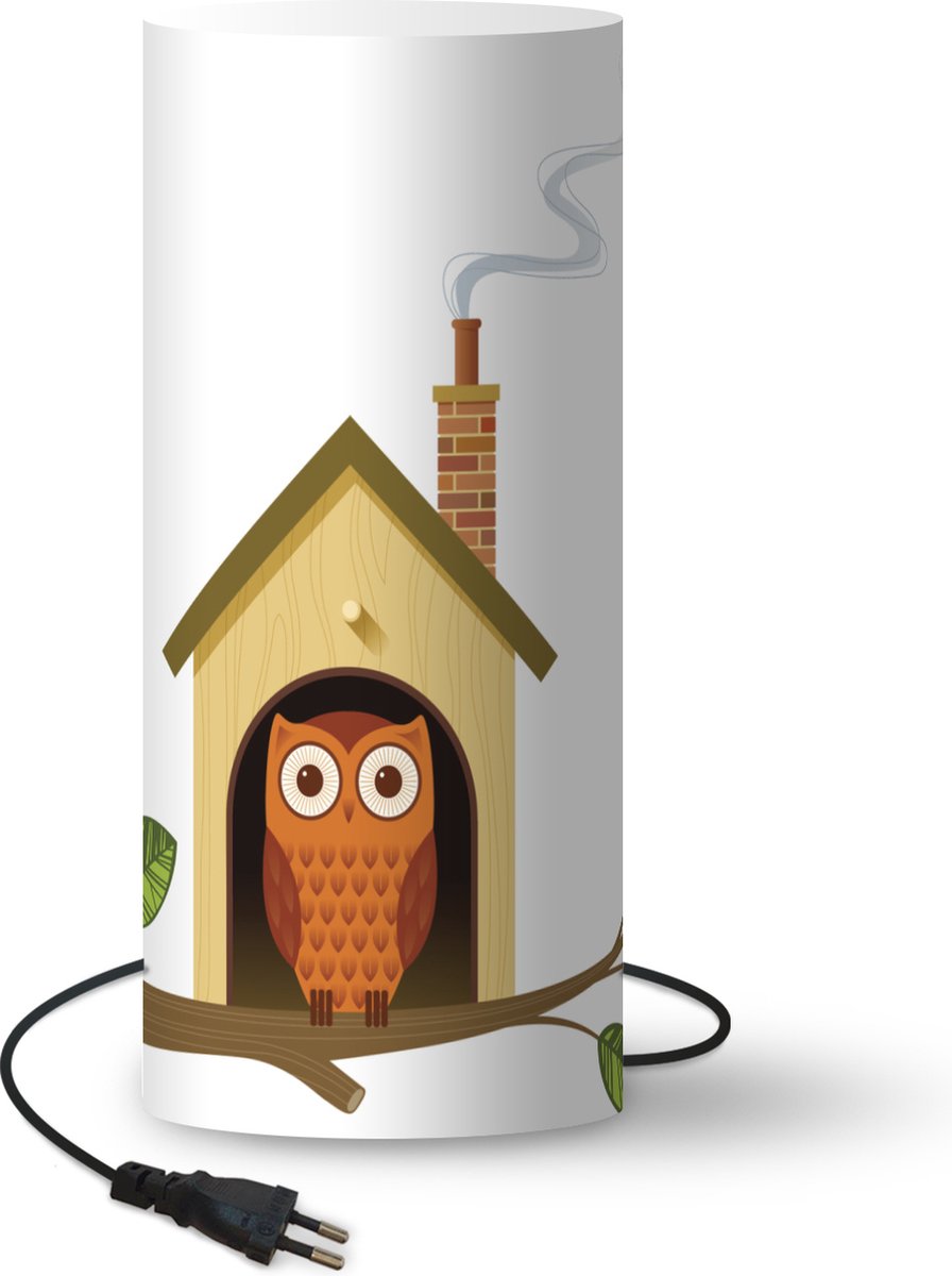 Lamp - Nachtlampje - Tafellamp slaapkamer - Illustratie van een Uil en zijn huis - 33 cm hoog - Ø14.3 cm - Inclusief LED lamp